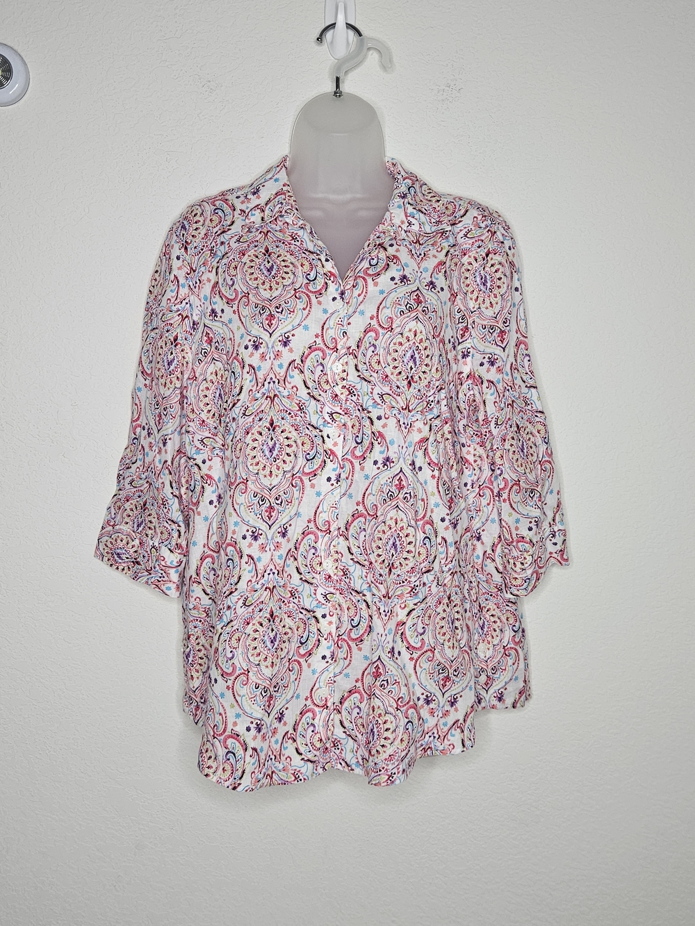 Chico’s Linen Paisley Button Down Shirt Size Large P Colorful Boho Summer Coast